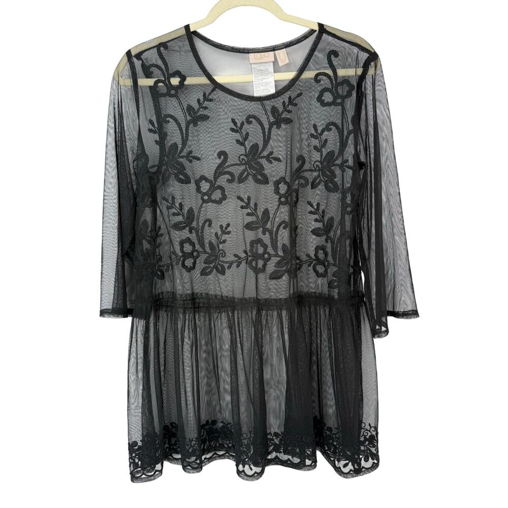 LOGO by Lori Goldstein Black Embroidered Mesh Tunic Top Size M Sheer Ethereal